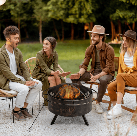 Portable Firepit Gardenfrontier A decorative black metal fire pit with a mesh screen cover