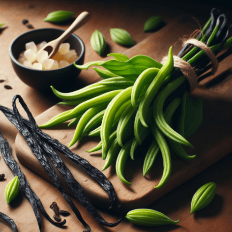 Green vanilla beans on the vine ready for harvest and curing Gardenfrontier green vanilla beans