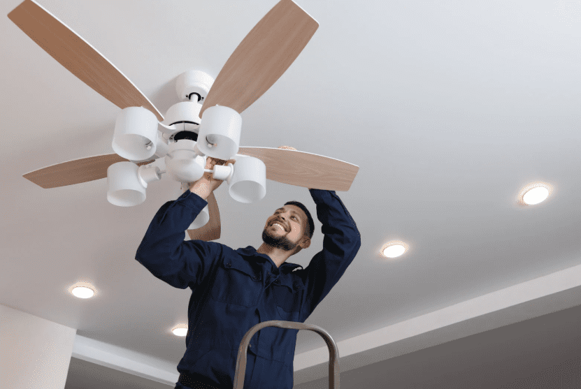 Outdoor Ceiling Fans Gardenfrontier Outdoor ceiling fan installed over a covered patio seating area