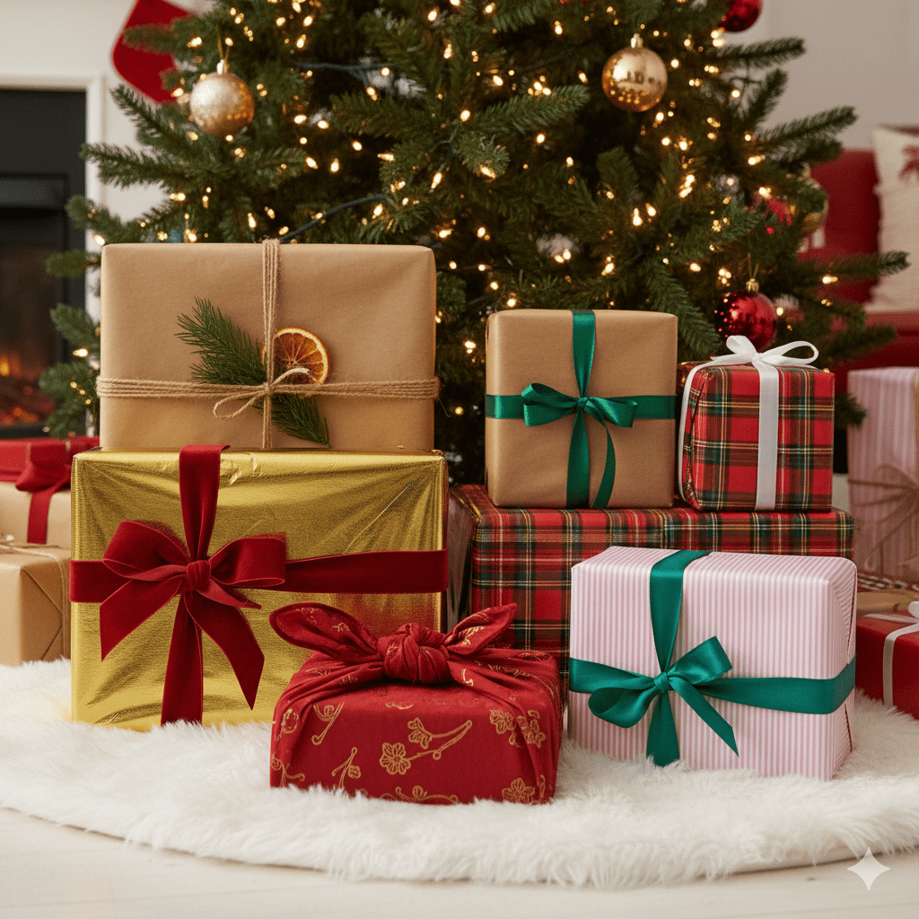 A variety of creatively wrapped Christmas presents showcasing different papers ribbons and natural embellishments under a Christmas tree Gardenfrontier A variety of creatively wrapped Christmas presents showcasing different papers ribbons and natural embellishments under a Christmas tree