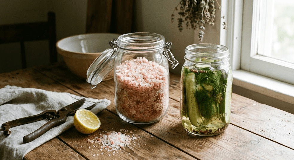 Pink Himalayan Salt Guide Gardenfrontier Jar of pink Himalayan salt next to homemade pickles