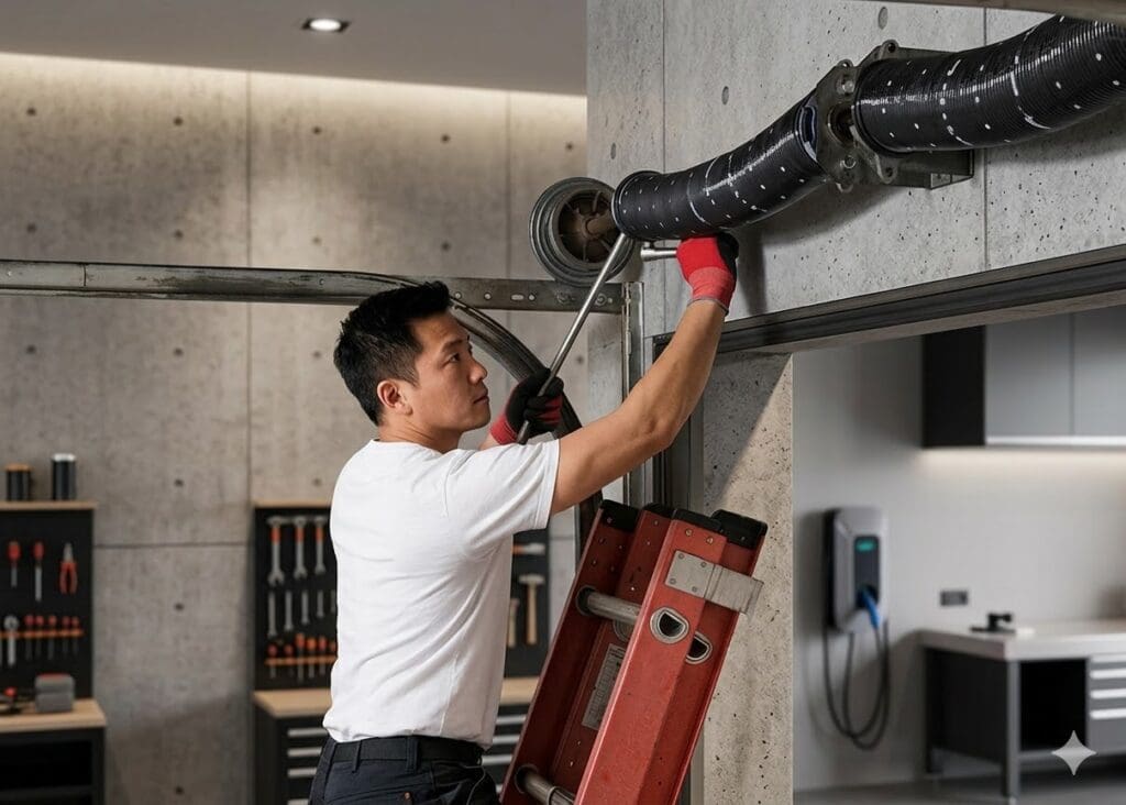 Professional Garage Door Spring Repair Service Gardenfrontier A professional technician on a ladder repairing a garage door torsion spring in a modern organized workshop