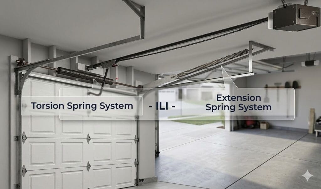 Torsion Spring System Gardenfrontier A realistic 3D render of a garage interior comparing a Torsion Spring System located above the door and an Extension Spring System located along the upper tracks