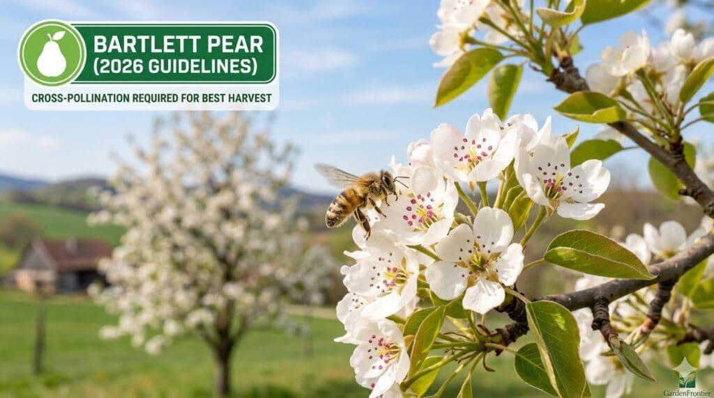bartlettpearpollinationpartnersbee Gardenfrontier Honeybee pollinating a cluster of Bartlett pear blossoms with pollen visible showing why cross pollination partners are required for a heavy harvest