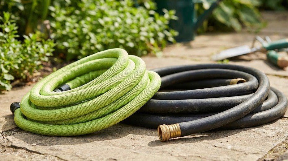 expandablevsrubbergardenhose Gardenfrontier A lightweight green expandable garden hose placed next to a heavy black traditional rubber hose on a stone patio