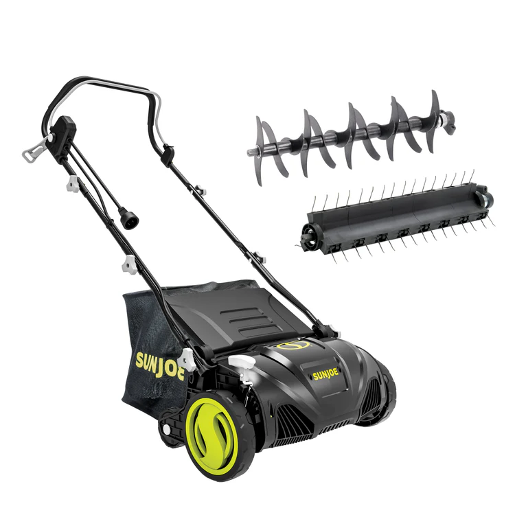 sunjoeaj805eelectricdethatcher15inch Gardenfrontier Sun Joe AJ805E 15 inch electric dethatcher with scarifier blade rated best value for small to medium lawns