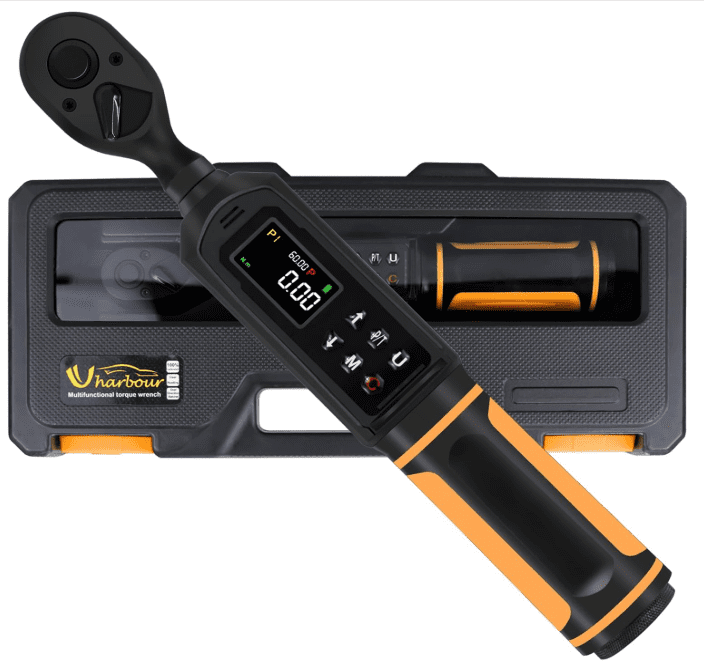 uharbourthreeeighthsdigitaltorquewrenchvalue Gardenfrontier The compact Uharbour 38 Inch Digital Torque Wrench being used to tighten a spark plug on a motorcycle engine Rated best value for engine and delicate work
