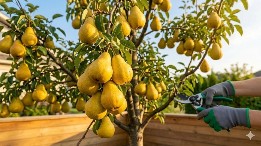 ultimatebartlettpeartreepruningguide Gardenfrontier A mature Bartlett pear tree heavily laden with dozens of ripe golden yellow pears A gardener's hand holding professional bypass pruners subtly prunes a lower branch near a wooden baseboard during sunny golden hour in a backyard orchard, illustrating care and pruning.