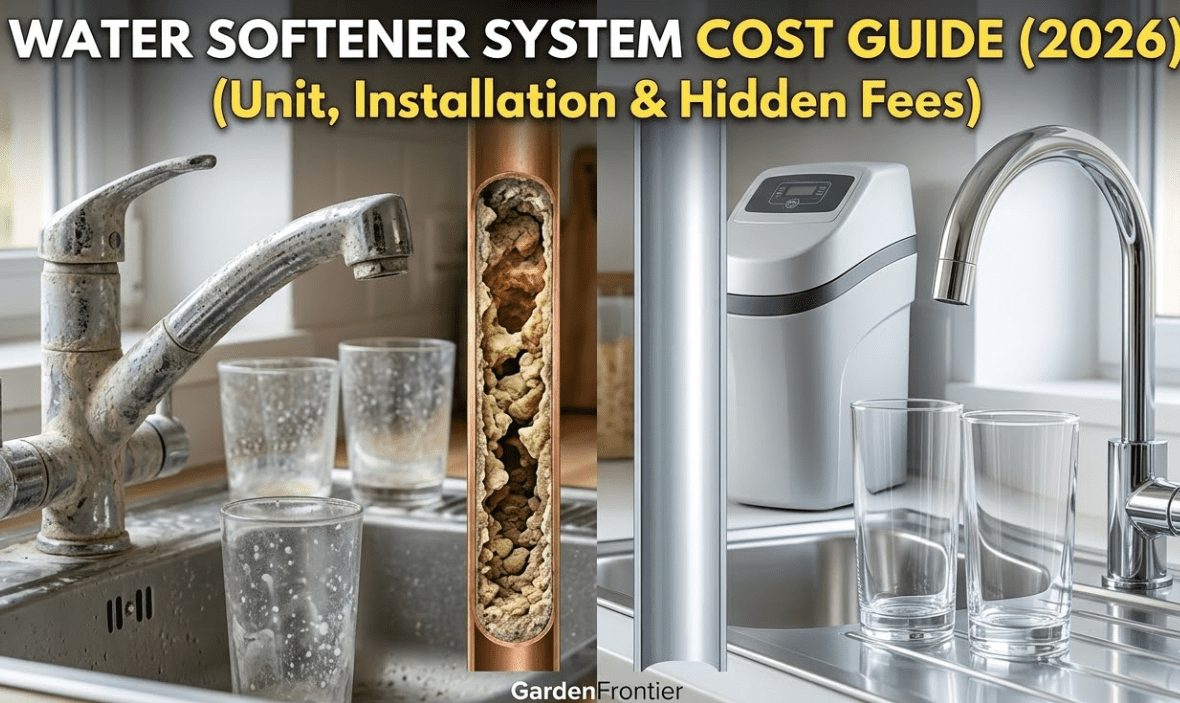 Water Softener System Cost Guide 2026 Gardenfrontier Homeowner reviewing a plumber's installation bill next to a new salt-based water softener system in a basement