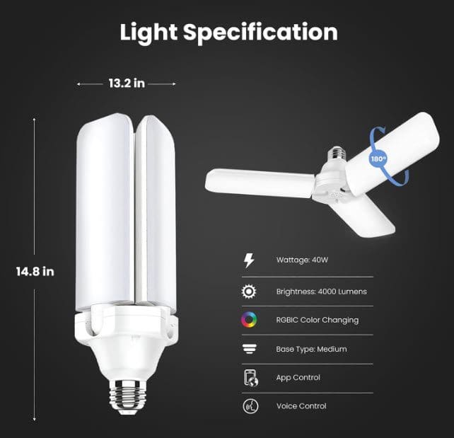 Smart LED Garage Light 4000 Lumens RGBW Color Changing Deformable Panels 24GHz WiFi App Control Works with Alexa Google E26 Screwin Ceiling Light for Garage ADJ4000RGBWLEDAG Gardenfrontier Smart LED Garage Light 4000 Lumens RGBW Color Changing Deformable Panels 24GHz WiFi App Control Works with Alexa Google E26 Screw in Ceiling Light for Garage ADJ4000RGBWLEDAG