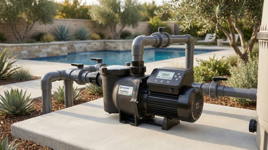 A modern energyefficient variable speed pool pump installed on a concrete equipment pad next to a residential swimming pool Gardenfrontier A modern energy efficient variable speed pool pump installed on a concrete equipment pad next to a residential swimming pool