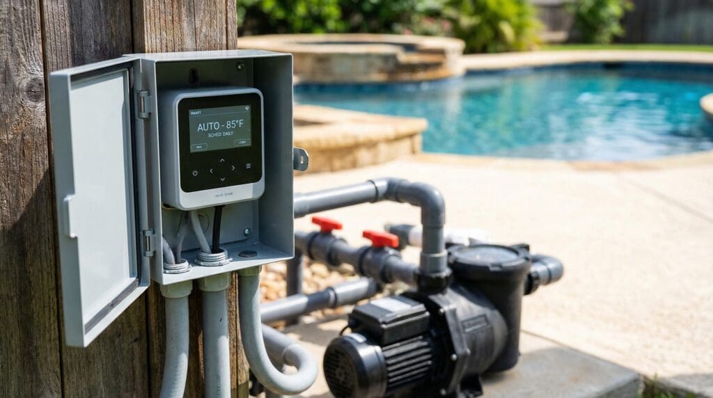 A new digital pool pump timer mounted in a weatherproof outdoor box near residential swimming pool equipment Gardenfrontier A new digital pool pump timer mounted in a weatherproof outdoor box near residential swimming pool equipment