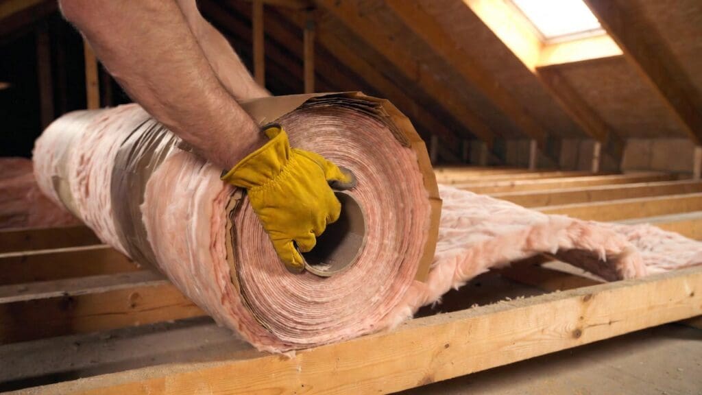 A photorealistic view of faced fiberglass insulation being correctly installed in an attic demonstrating the proper placement of the paper vapor barrier Gardenfrontier A DIY homeowner installing faced fiberglass insulation with a kraft paper vapor barrier between wooden attic joists