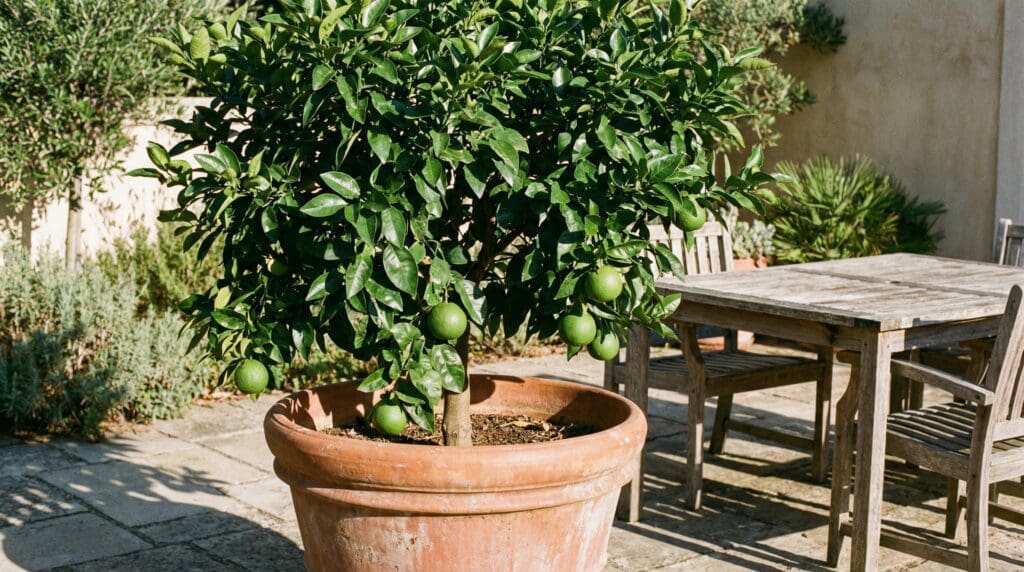 A healthy young grapefruit tree growing in a large terracotta pot on a sunny backyard patio Gardenfrontier A healthy young grapefruit tree growing in a large terracotta pot on a sunny backyard patio
