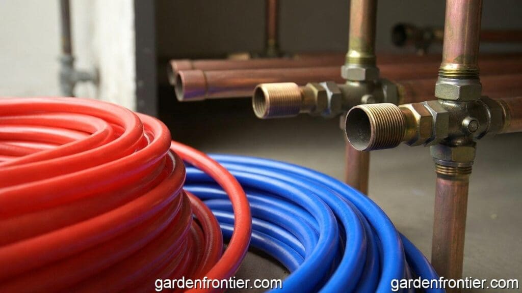 A visual comparison between PEX tubing and traditional copper pipes for residential plumbing repipes Gardenfrontier A side by side comparison of flexible red and blue PEX tubing next to rigid copper plumbing pipes