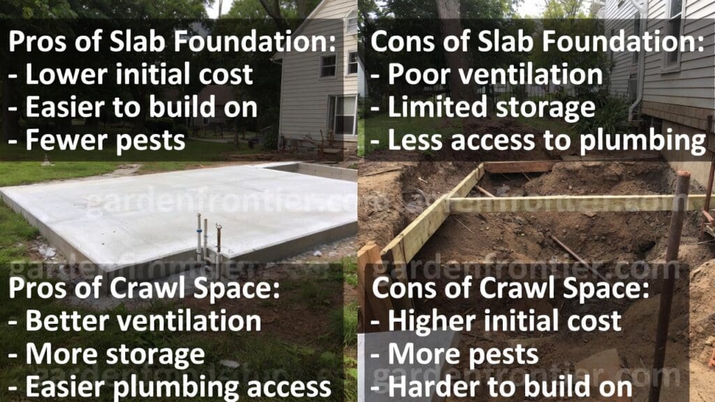A sidebyside architectural comparison showing a concrete slab foundation next to a raised crawl space foundation Gardenfrontier A side by side architectural comparison showing a concrete slab foundation next to a raised crawl space foundation