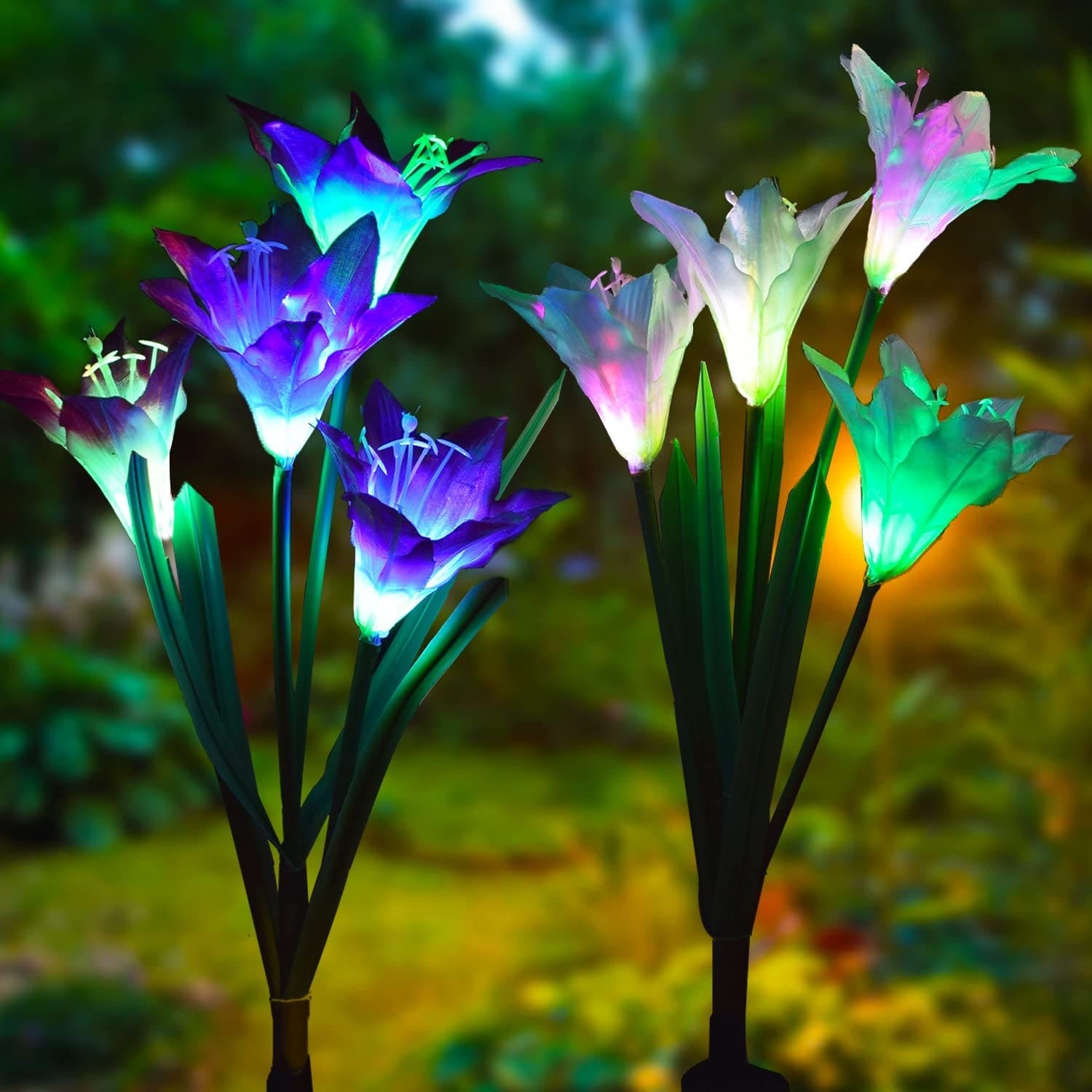 Solar Garden Stake Lights Color changing lily solar garden lights among flowers