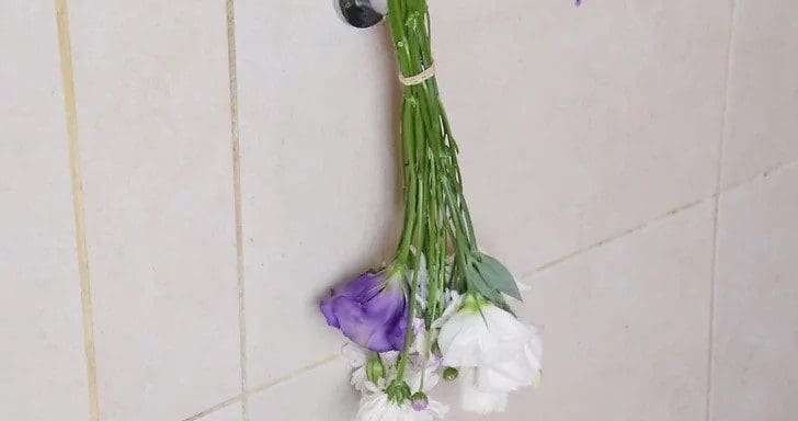 Hanging a bunch of flowers upside down to dry Gardenfrontier A beautiful bunch of pink and purple flowers hanging upside down to dry