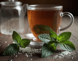 A warm cup of Peppermint Tea Gardenfrontier A steaming cup of fresh peppermint tea on a wooden table