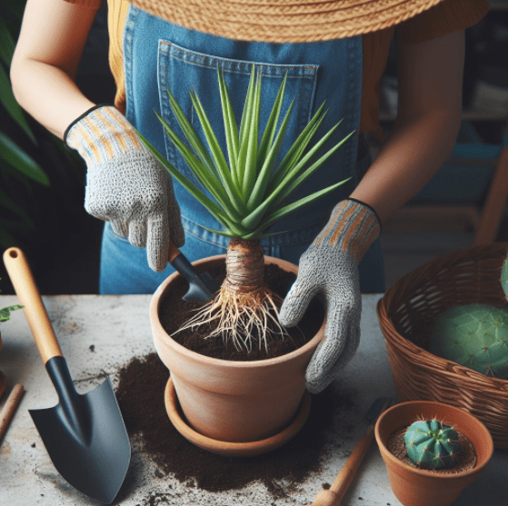 Repotting a houseplant Yucca Gardenfrontier A gardener carefully repotting a Yucca plant into a new slightly larger container