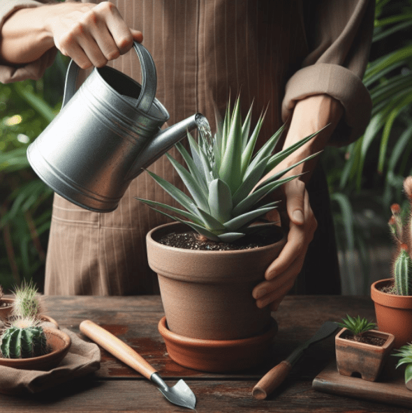 Proper watering technique for a Yucca plant Gardenfrontier An illustration showing how to properly water a potted Yucca plant