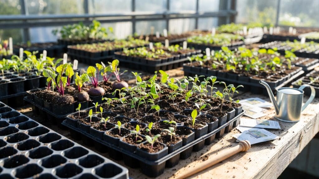 Multisown beetroot onion and pea seedlings growing in module trays for vegetable gardening Gardenfrontier Multi sown beetroot onion and pea seedlings growing in module trays for vegetable gardening