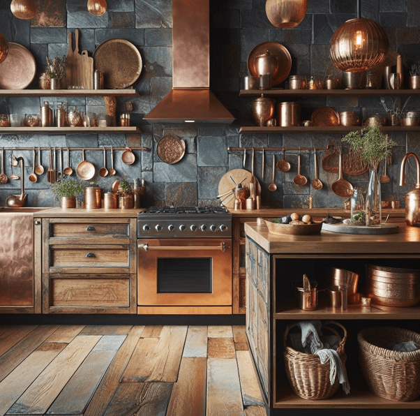 Copper and Stone Gardenfrontier Copper backsplash mixed with natural stone countertops