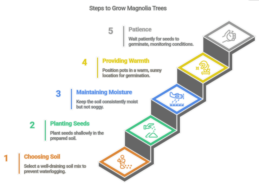 Steps to Grow Magnolia Trees Gardenfrontier A seedling magnolia tree sprouting from the soil in a small pot