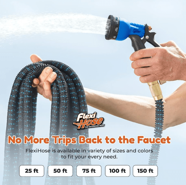 Flexi Hose Expandable Garden Hose with 8 Function Nozzle 100FT Gardenfrontier Flexi Hose 100 foot expandable garden hose with spray nozzle and brass fittings