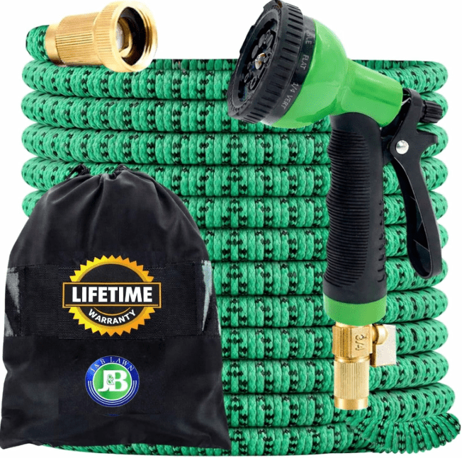 JB XpandaHose 100ft Expandable Garden Hose Gardenfrontier JB XpandaHose 100 foot expandable garden hose with nozzle and brass connectors