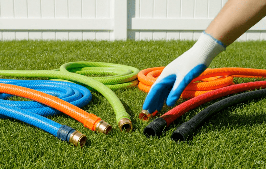 Most Durable Expandable Garden Hoses Gardenfrontier Durable expandable garden hoses coiled on a lawn with spray nozzles and brass fittings