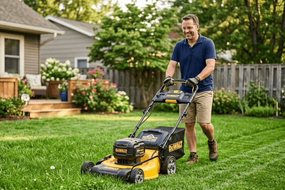 DeWalt BatteryPowered Lawn Mower Gardenfrontier Homeowner mowing a green suburban lawn with a DeWalt battery powered lawn mower