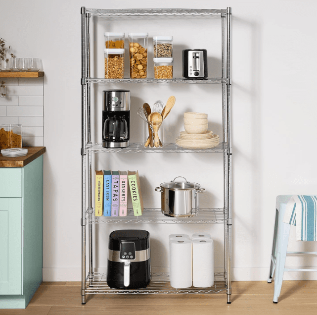 Amazon Basics 5Shelf Adjustable Heavy Duty Steel Wire Rack Space Saving Storage Shelving Organizer for Kitchen Garage NoTool Assembly 350 lbs Weight Capacity 36 x 14 x 72 Chrome Gardenfrontier Amazon Basics 5 Shelf Heavy Duty shelving unit