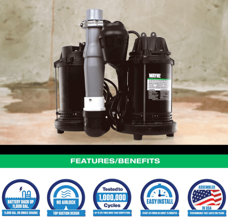 WAYNE 12 HP Sump Pump with Integrated Vertical Float Switch and 12 Volt Battery Back Up Capability Battery Not Included Up to 5100 Gallons Per Hour Heavy Duty Basement Sump Pump System Gardenfrontier Battery Backup Systems Wayne WSS30VN