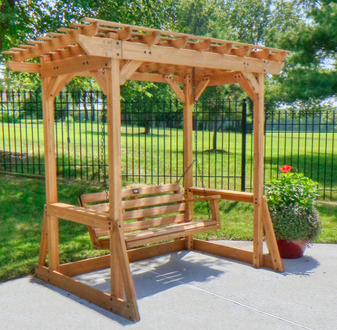 Backyard Discovery Callahan 8 Gardenfrontier' x 5' Cedar Wood Outdoor Patio Pergola Swing Bench with Trellis, Two-Person Seating, Chains, Water Resistance, 600 Lb Weight Capacity for Porch, Patio, Deck, Garden Pergola Swing Bench with Trellis