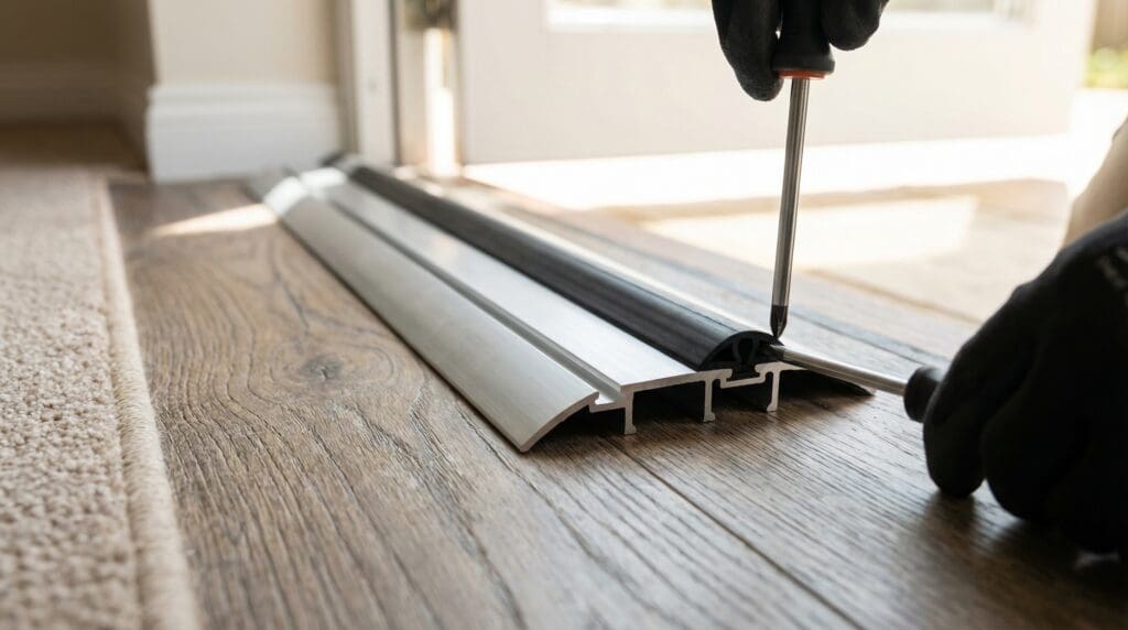 A newly installed adjustable aluminum Front Door Threshold Replacement with a black rubber seal stopping drafts and water leaks Gardenfrontier A newly installed adjustable aluminum Front Door Threshold Replacement with a black rubber seal stopping drafts and water leaks