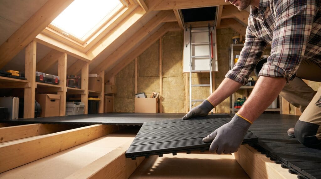atticdeckingpanelsguide Gardenfrontier Installing lightweight attic decking panels over joists near a small attic hatch
