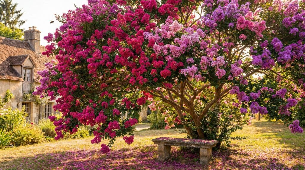 A vibrant crape myrtle tree in full bloom during peak summer Gardenfrontier A vibrant crape myrtle tree in full bloom during peak summer