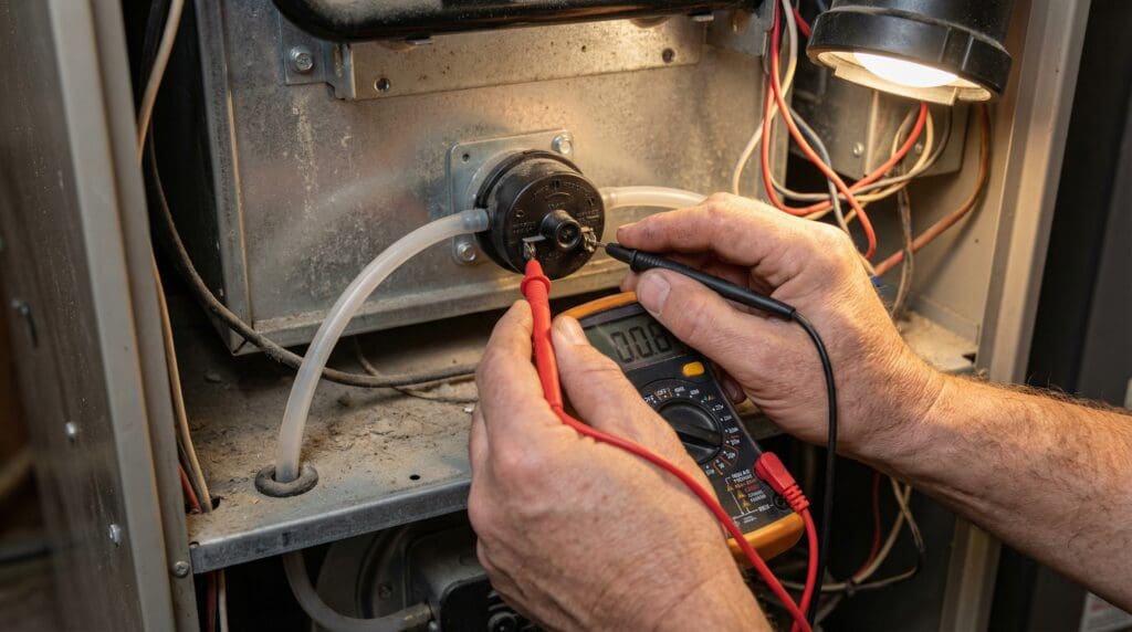 Testing a faulty furnace pressure switch with a digital multimeter inside a home HVAC unit Gardenfrontier Testing a faulty furnace pressure switch with a digital multimeter inside a home HVAC unit