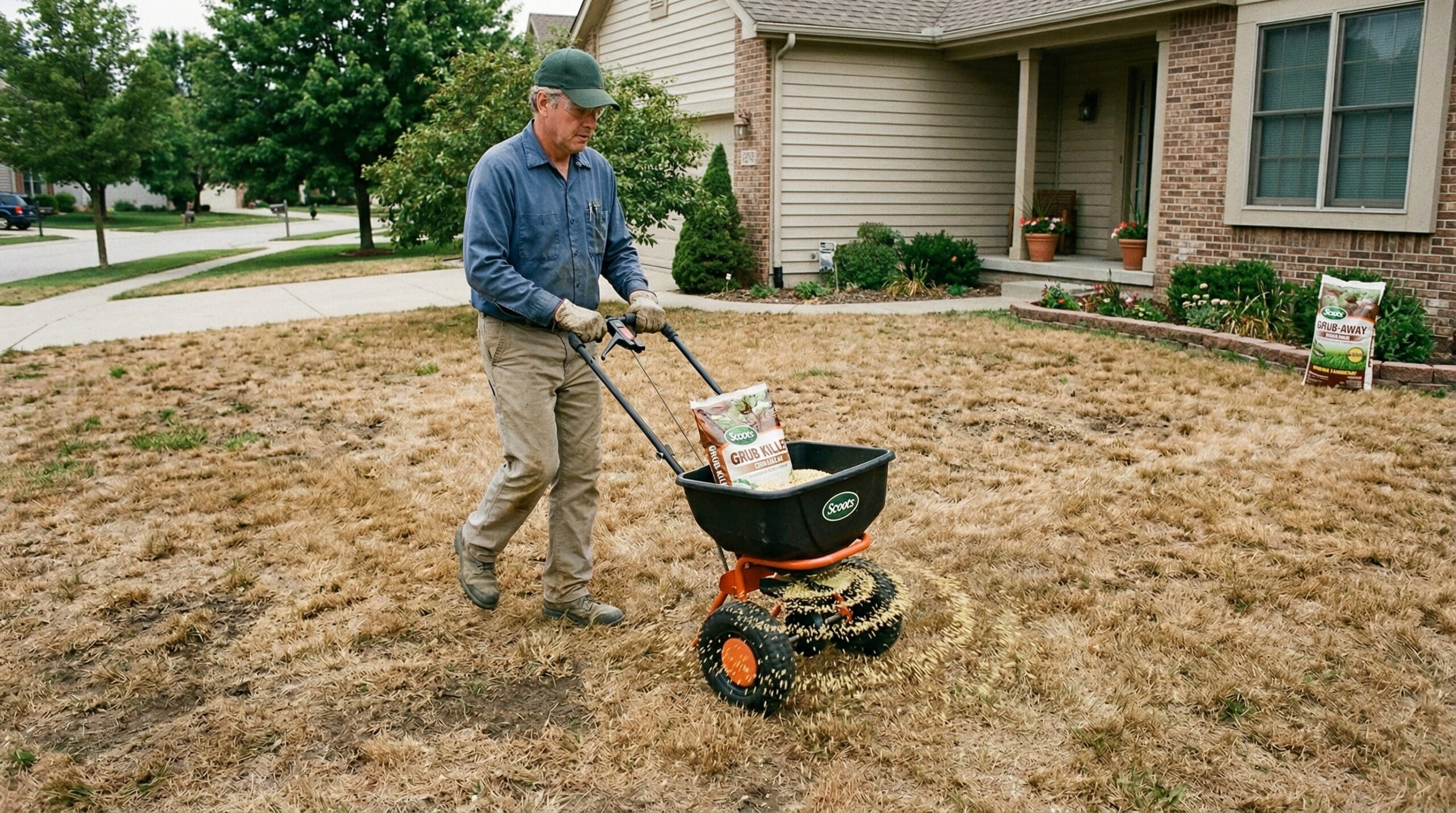 Applying lawn grub killer to a damaged yard A homeowner applying lawn grub killer granules with a broadcast spreader on a brown, damaged lawn