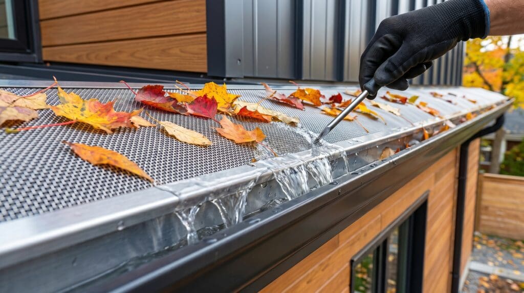 micromeshraingutterguardguide Gardenfrontier A stainless steel micro mesh rain gutter guard keeping autumn leaves out of a clean gutter