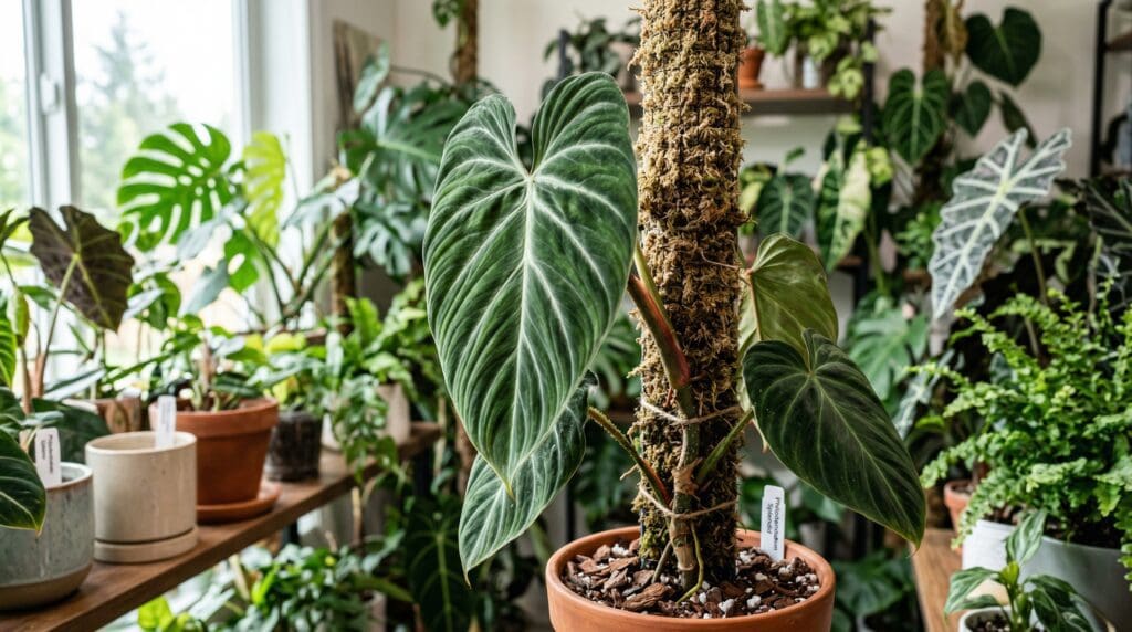 philodendronsplendidmosspole Gardenfrontier A horizontal detailed photograph of a large velvety deeply veined Philodendron Splendid leaf climbing a moss pole in a well lit indoor collection