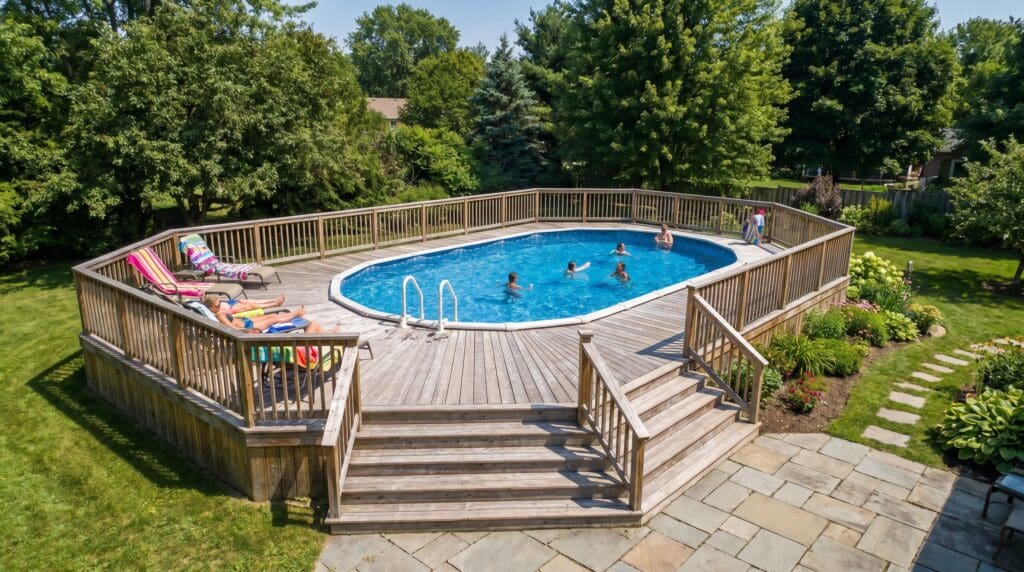 Above Ground Pool Gardenfrontier Above ground swimming pool with decking for a small backyard