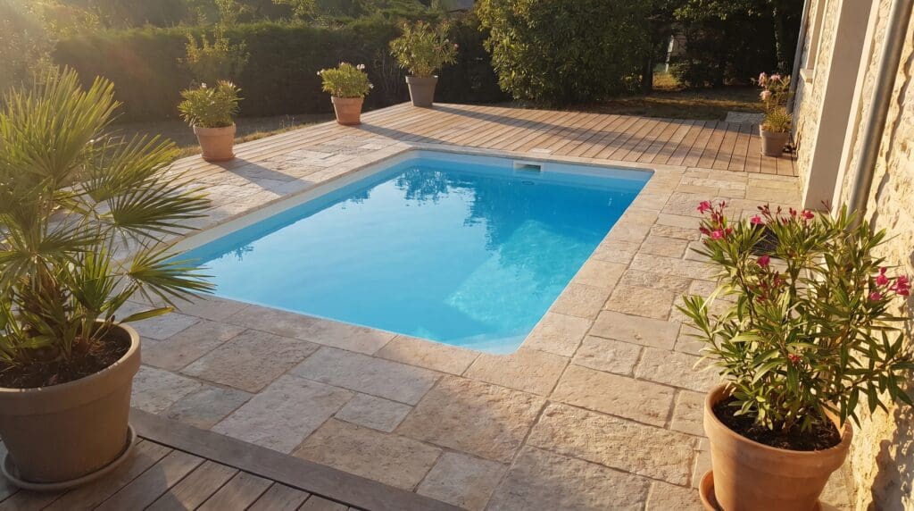 Compact Rectangular InGround Pool Gardenfrontier Compact rectangular in ground pool in a small backyard