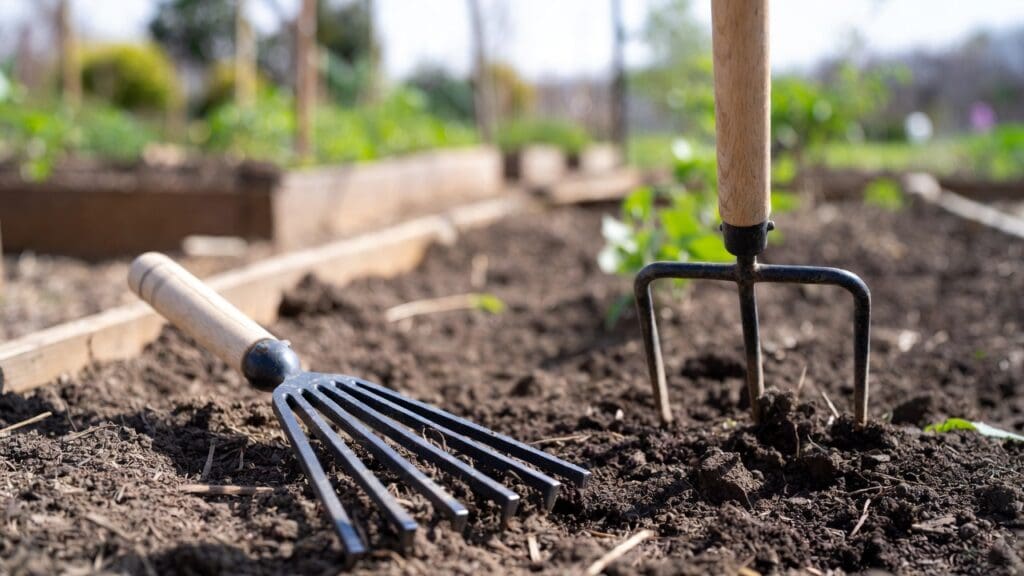 Hand rake and cultivator gardening tools side by side in raised garden soil Gardenfrontier Hand rake and cultivator gardening tools side by side in raised garden soil