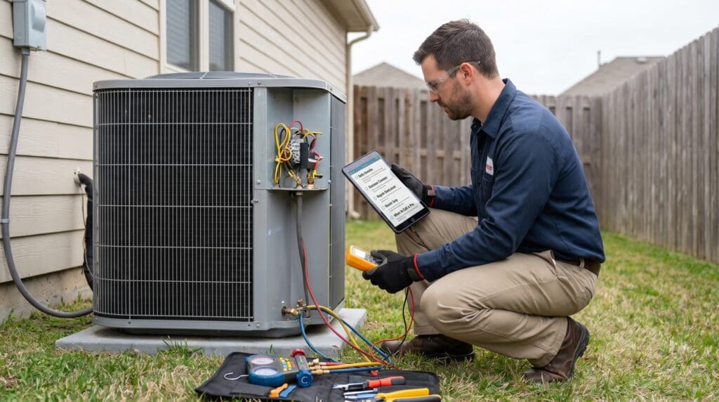 An HVAC technician diagnosing an outdoor air conditioner condenser unit for a guide about why an AC compressor is not turning on safe checks common causes repair decisions and when to call a professional Gardenfrontier HVAC technician checking an outdoor AC unit when the compressor is not turning on