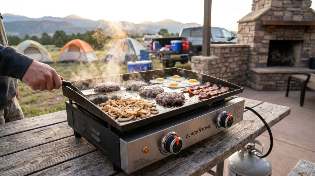 A portable tabletop griddle cooking burgers onions and breakfast food outdoors showing a compact flattop griddle setup for camping tailgating and patio cooking Gardenfrontier A portable tabletop griddle cooking smash burgers and onions at a sunny campsite