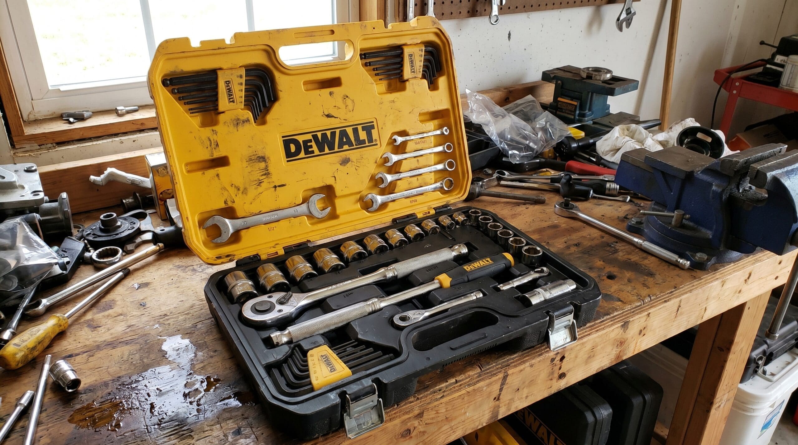 DeWalt Mechanics Tool Set for Garage DIY Gardenfrontier DeWalt mechanics tool set with ratchets sockets and case on a garage workbench