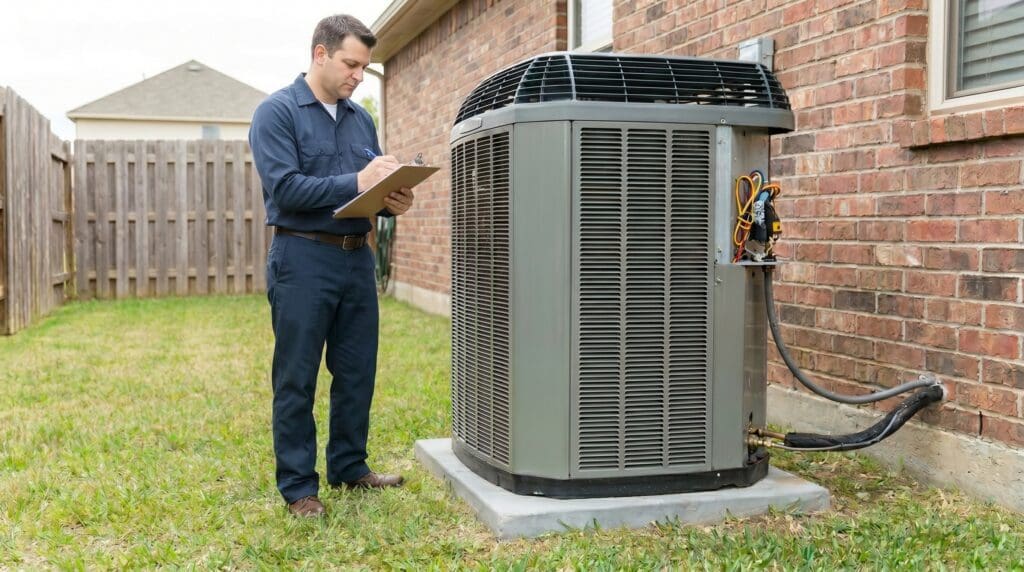 An HVAC technician inspecting an outdoor central air conditioner condenser and compressor system for a guide about AC compressor problems safe homeowner checks repair costs and when to call a professional Gardenfrontier HVAC technician inspecting an outdoor air conditioner compressor unit