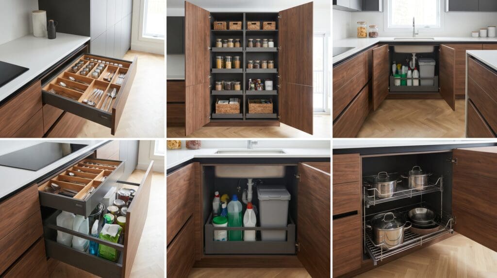 A kitchen cabinet organization upgrade showing pull out drawers slide out shelves pantry organizers under sink drawers and pot and pan storage inside modern cabinets Gardenfrontier Pull out drawers installed inside kitchen cabinets with pots pans pantry items and cleaning supplies organized on sliding shelves